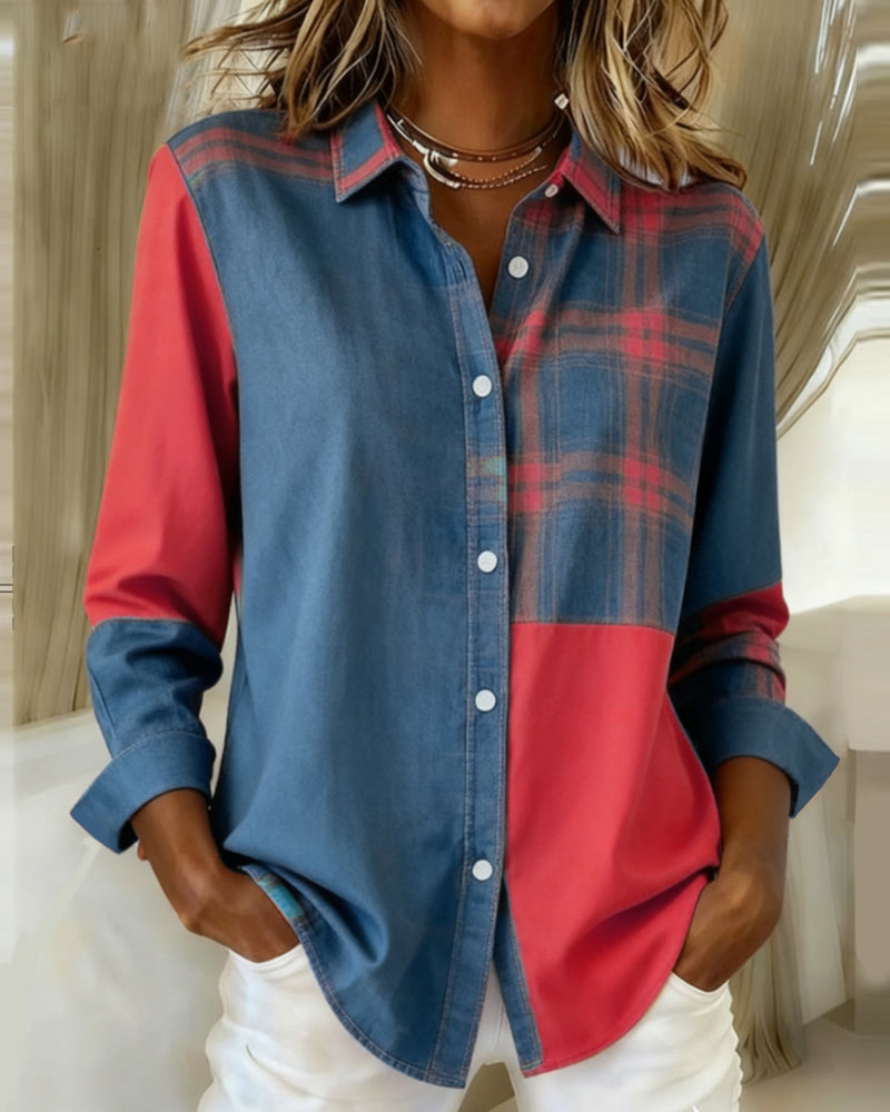 Eva® | Shirt with Notched Collar and Checked Contrast Design