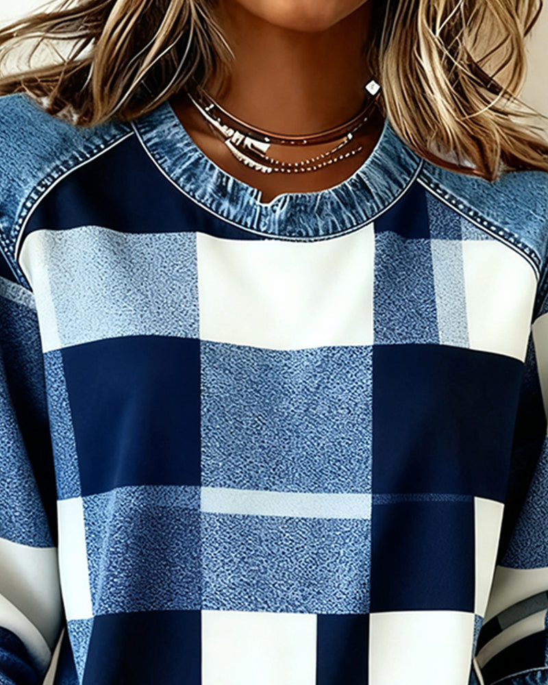 Sofia® | Sweatshirt with Check Patchwork and Contrast Color