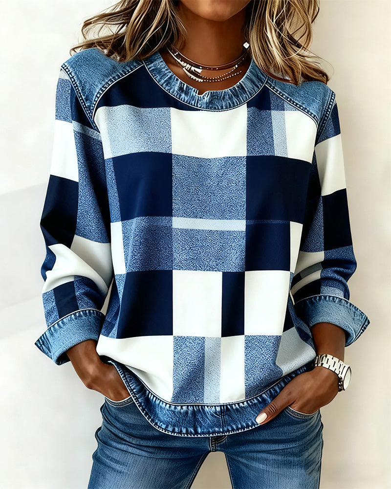 Sofia® | Sweatshirt with Check Patchwork and Contrast Color