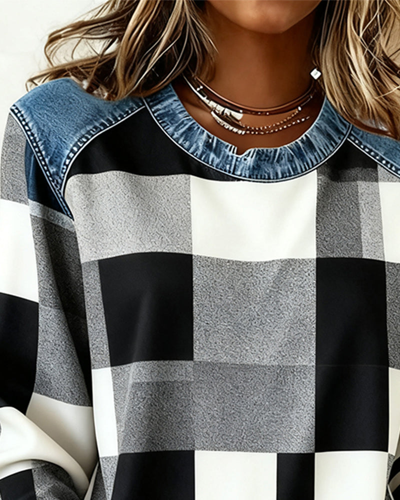 Sofia® | Sweatshirt with Check Patchwork and Contrast Color