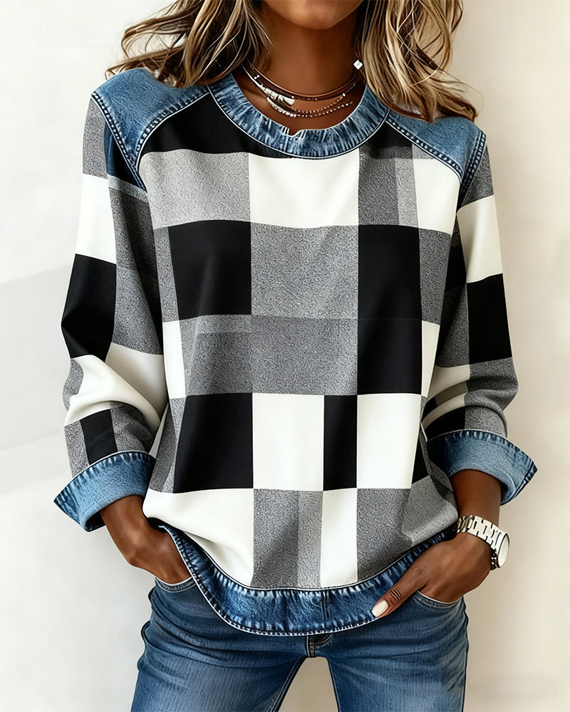 Sofia® | Sweatshirt with Check Patchwork and Contrast Color