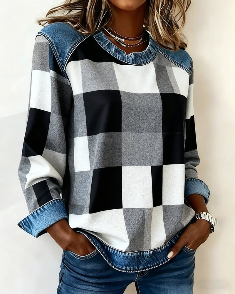 Sofia® | Sweatshirt with Check Patchwork and Contrast Color