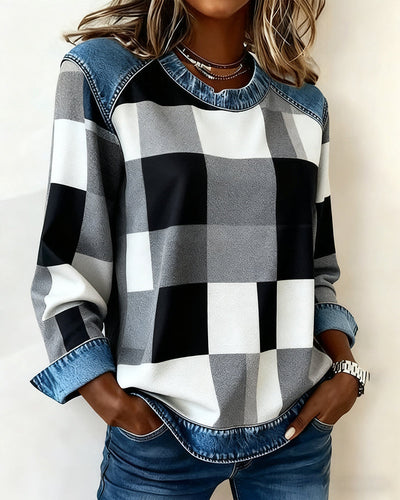 Sofia® | Sweatshirt with Check Patchwork and Contrast Color