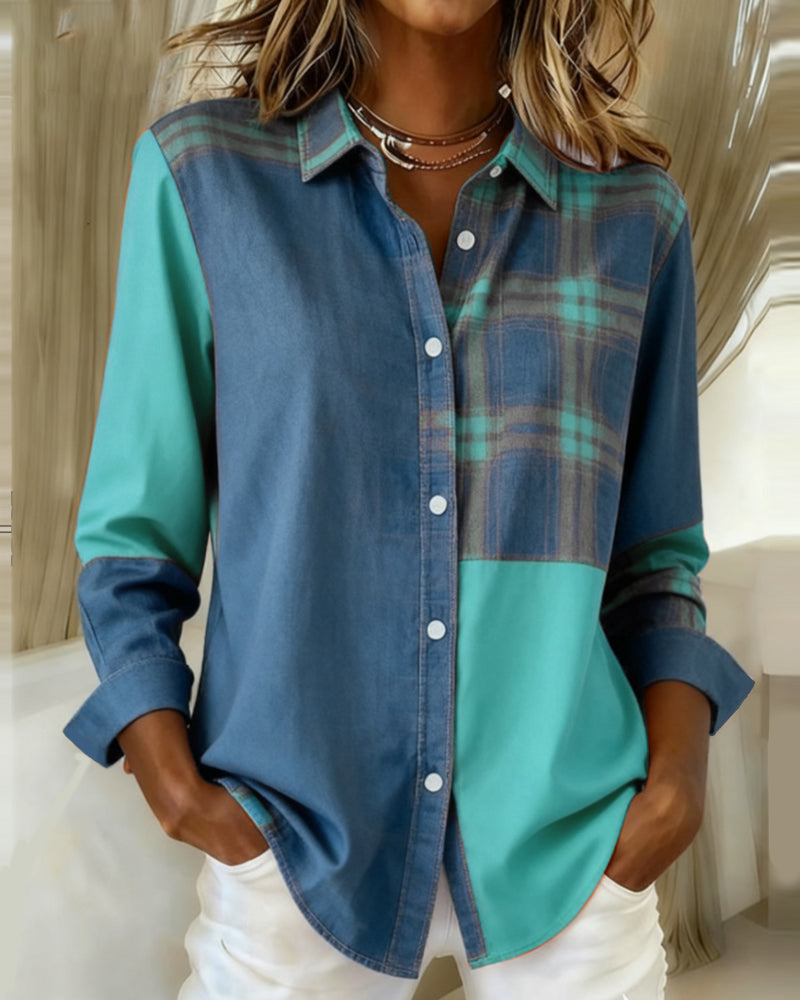 Eva® | Shirt with Notched Collar and Checked Contrast Design