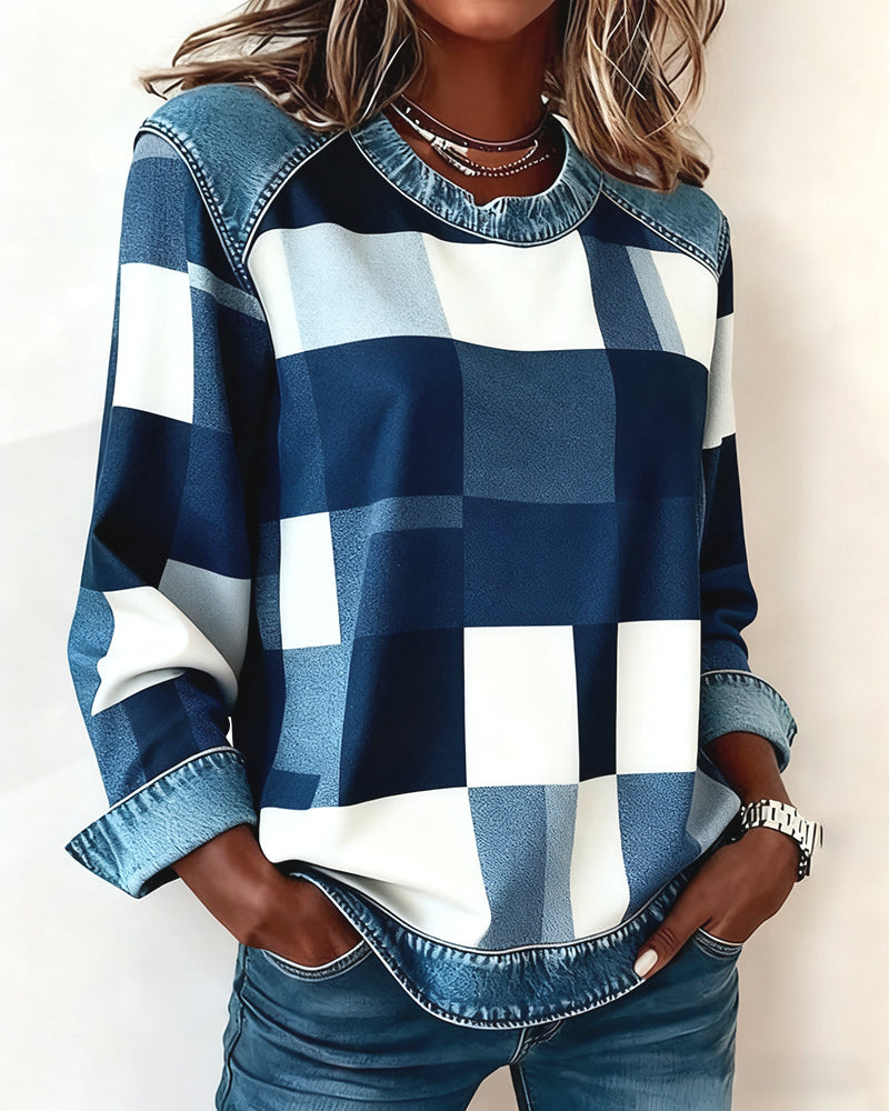 Sofia® | Sweatshirt with Check Patchwork and Contrast Color