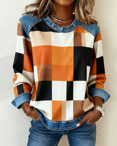 Sofia® | Sweatshirt with Check Patchwork and Contrast Color