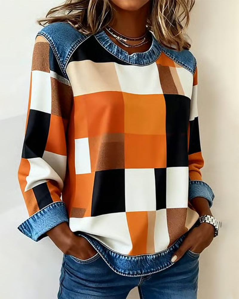 Sofia® | Sweatshirt with Check Patchwork and Contrast Color