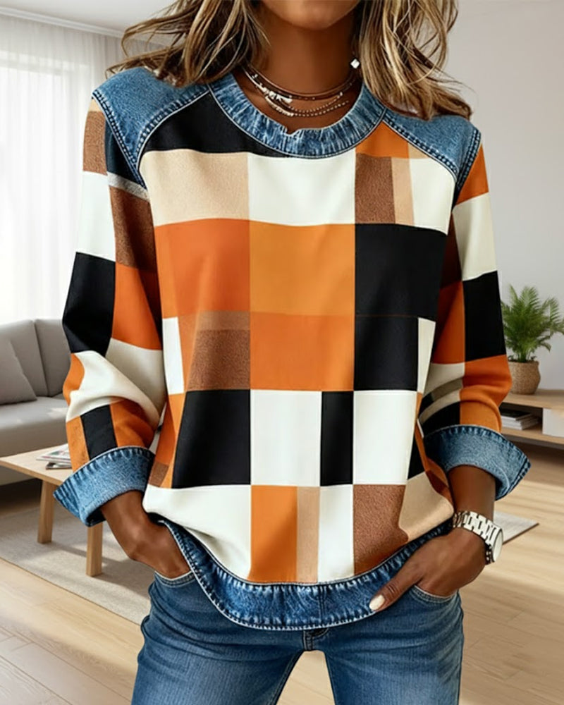 Sofia® | Sweatshirt with Check Patchwork and Contrast Color