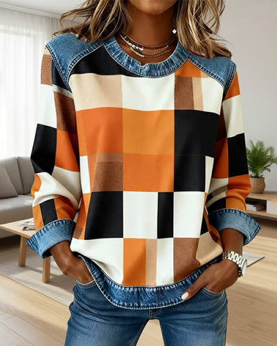 Sofia® | Sweatshirt with Check Patchwork and Contrast Color